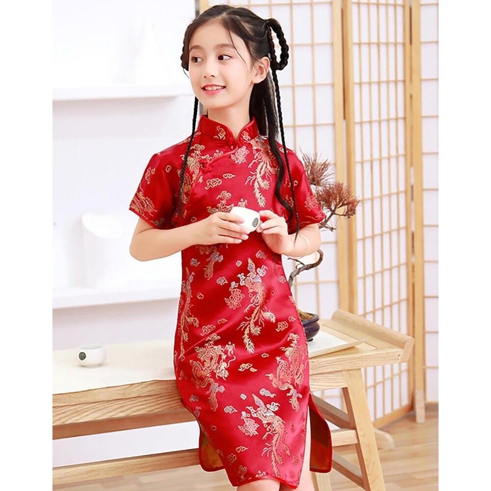 Girls Chinese Qipao Dress Dragon Pattern Short Sleeve Cheongsam Costume Size 16Y